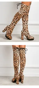Detail view of sexy leopard print over-the-knee boots with chunky heels and platform sole.