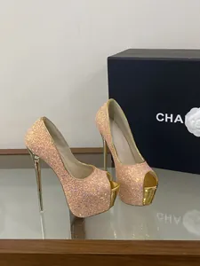 Sparkling glitter peep-toe platform high heels with gold metallic finish for weddings