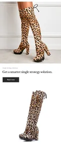 Stylish leopard print over-the-knee boots featuring chunky heels and platform soles