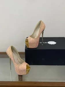 Detailed view of glamorous rose gold sequin platform peep-toe high heels for wedding use