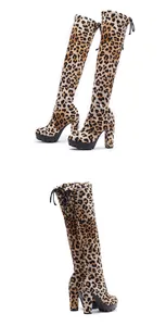 Detailed view of leopard print over-the-knee boots featuring chunky high heel and platform sole.