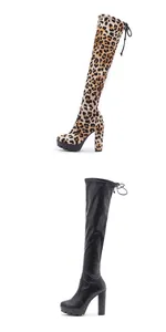 Detailed view of women's over-the-knee boots with chunky heels in leopard and black.