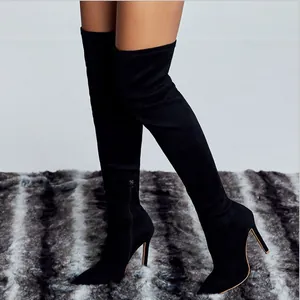 Women Over-the-Knee Boots Stiletto High Heel Pointed Toe Stretch Faux Suede Thigh High Boots Side Zipper Dress Party Shoes