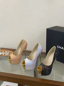 Detailed view of multi-color platform peep-toe glitter high heels for wedding and evening parties