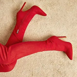 Red suede stiletto over-the-knee boots with side zipper detail