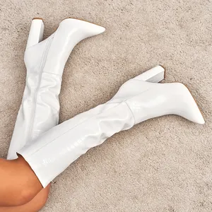 Women Fashion Knee High Boots Pointed Toe Chunky High Heel Side Zipper Crocodile Embossed Faux Leather Boots For Party Daily