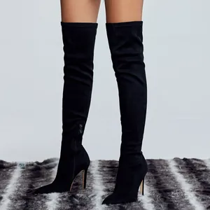 Elegant black suede thigh-high boots with slim high heels and pointed toe for women