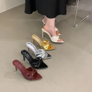 Pointed-toe high heel mules with elegant twisted knot design in multiple colors