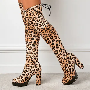 Fashionable leopard print over-the-knee boots featuring chunky high heels and platform.