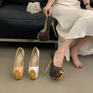 Women's Luxury Glitter Peep Toe Platform Stiletto High Heels Party Wedding Pumps Sparkle Sequined Banquet Shoes Sandals