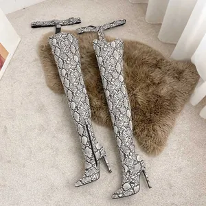 Sexy pointed toe snake print over-the-knee boots with high heels and top strap detail