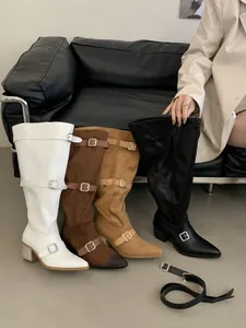 Pointed-toe western tall boots in four colors featuring stylish buckle straps and heels