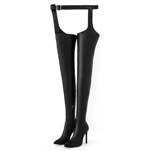Sexy black pointed-toe thigh-high pantaboots with high stiletto heels for clubbing