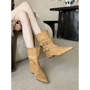 French style tan suede pointed toe mid-calf boots with buckle straps and low heel