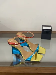 Detailed view of sexy metallic color-blocked wedge sandals featuring a square toe design