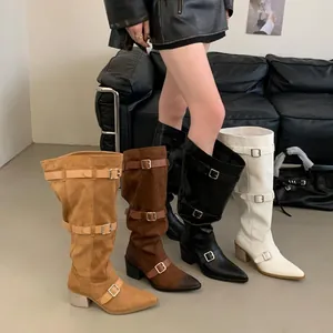 Detailed view of chic pointed toe slouchy knee-high boots with buckles in four stylish colors