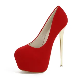Sexys tacones de aguja rojos con plataforma y tacón fino de metal dorado