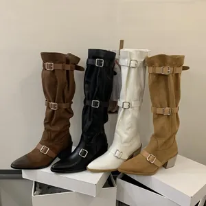 Premium pointed toe slouchy knee-high western boots with buckle straps in four colors