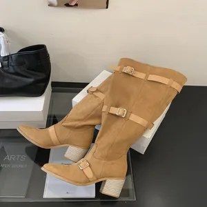 Chic tan suede pointed-toe tall boots with decorative buckle straps and block heel.