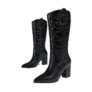 Elegant black pointed toe cowboy boots with embroidered shaft and comfortable chunky heels