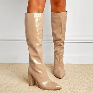 Nude crocodile embossed pointed toe knee-high boots with chunky high heels for women