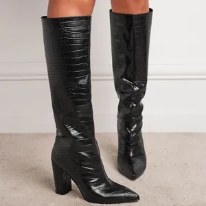 Black crocodile pattern pointed toe chunky high heel knee high fashion boots for women