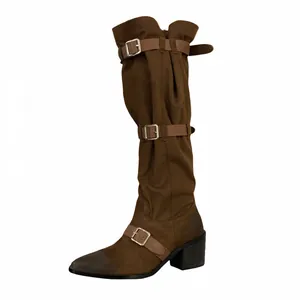 Stylish brown slouchy knee-high boots with pointed toe and multiple buckle straps