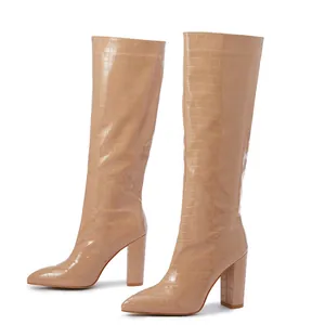Elegant nude crocodile embossed pointed toe chunky high heel women's knee-high boots