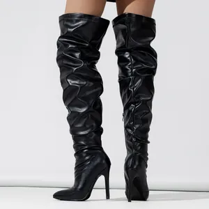 Sexy slouchy black over-the-knee high-heel boots with side zipper and pointed toe