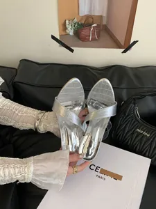 Nahaufnahme von silbernen spitzen High Heels mit Krokodilmuster und Klarsichtriemen.