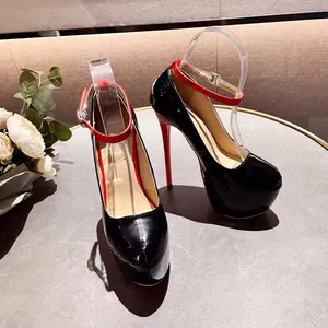Detailed view of 16cm red and black color-block platform stiletto high heels