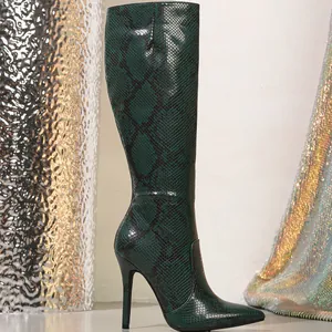 Fashionable dark green snakeskin knee-high boots with pointed toe and stiletto heel