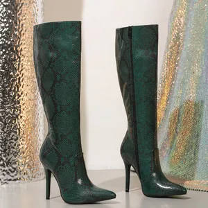 Fashionable dark green snakeskin knee-high boots with stiletto heels and side zippers