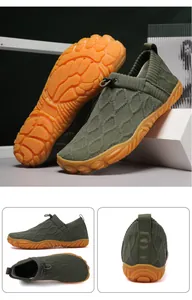 Detailed multi-angle views of men's olive green breathable fly-knit outdoor hiking shoes