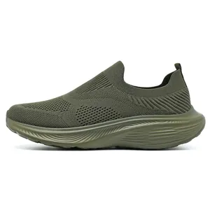 Men's breathable olive green slip-on knit sneakers with wide toe box design