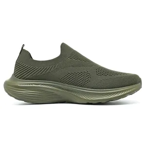 Side profile view of olive green breathable flyknit slip-on walking sneakers for men