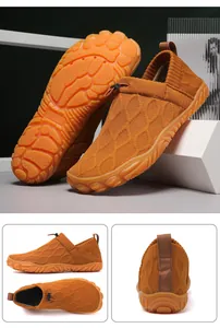Detail views of orange water-resistant outdoor hiking shoes with fly-knit upper