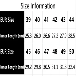 Detailed shoe size chart for men's sports sneakers showing EU sizes 39 to 50 with measurements