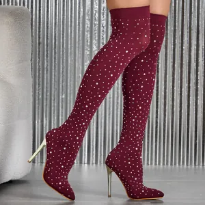 Elegant burgundy thigh-high stiletto boots with sparkling rhinestone embellishments