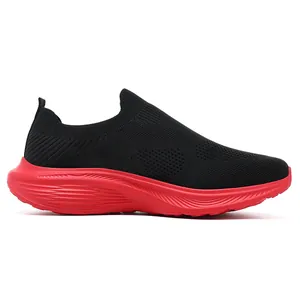 Side view of men's breathable fly-knit slip-on walking shoes in black with red sole