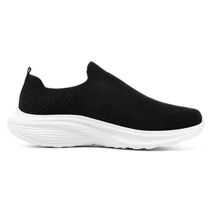 Detailed side profile of black breathable fly-knit slip-on walking sneakers for men.