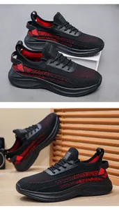 Side profile detail of large size men's breathable flyknit sneakers in black and red colors