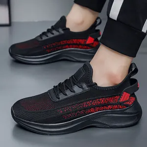 Large size breathable men's fly-knit mesh sports sneakers with black and red woven design