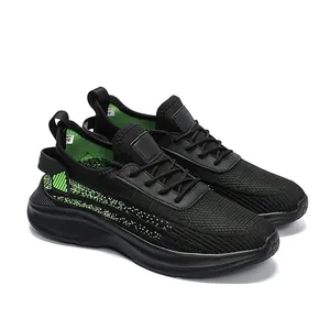 Men's large size breathable knitted athletic sneakers with green accents and soft soles