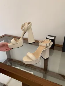 Sandales élégantes à plateforme crème avec bride à la cheville et un talon bloc haut