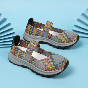 Detailed view of colorful woven elastic Mary Jane shoes for women