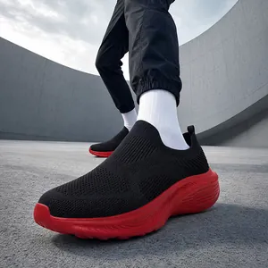 Men's wide fit breathable flyknit slip-on casual sneakers featuring thick red soles