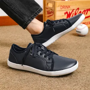 Durable navy blue leather barefoot shoes with wide toe box for men's minimalist casual wear