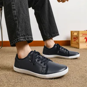 Dark blue leather wide-toe barefoot shoes for men with non-slip white flat soles