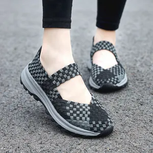 Women Woven Casual Shoes Breathable Elastic Hollow Out Mesh Loafers Lightweight Slip-on Mary Jane Fashion Sneakers For Daily Outdoor